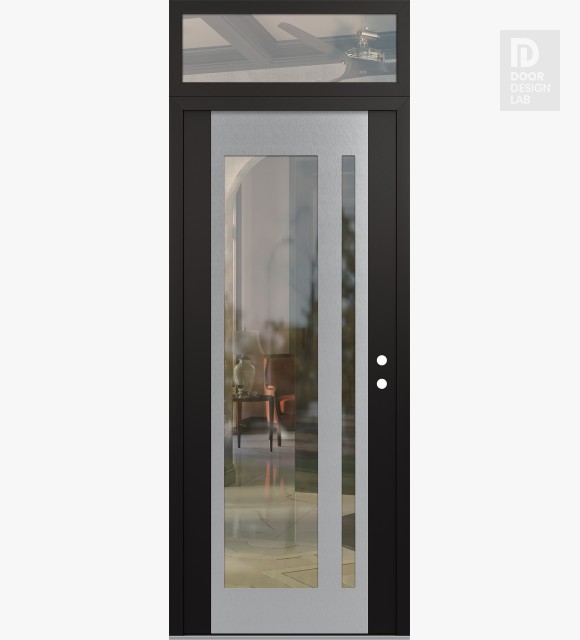 Modern Steel Front Door Diamond C15 36" x 96" black/black clear Glass Panel stainless steel LHI with Transom clear Glass