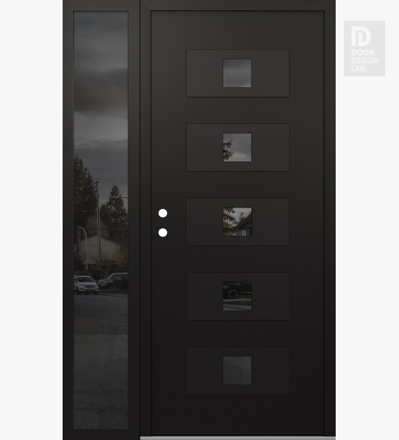 Modern Steel Front Door Diamond D8 48" x 80" black/black mirrored Glass Panel black RHI with Sidelite mirrored Glass