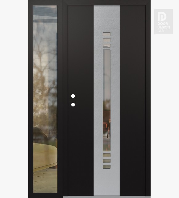 Modern Steel Front Door DIAMOND A5 50" X 80" BLACK/BLACK CLEAR GLASS PANEL STAINLESS STEEL RHI WITH SIDELITE CLEAR GLASS