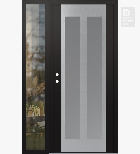 Modern Steel Front Door Diamond C14 48" x 80" black/white frosted Glass Panel stainless steel RHI with Sidelite clear Glass