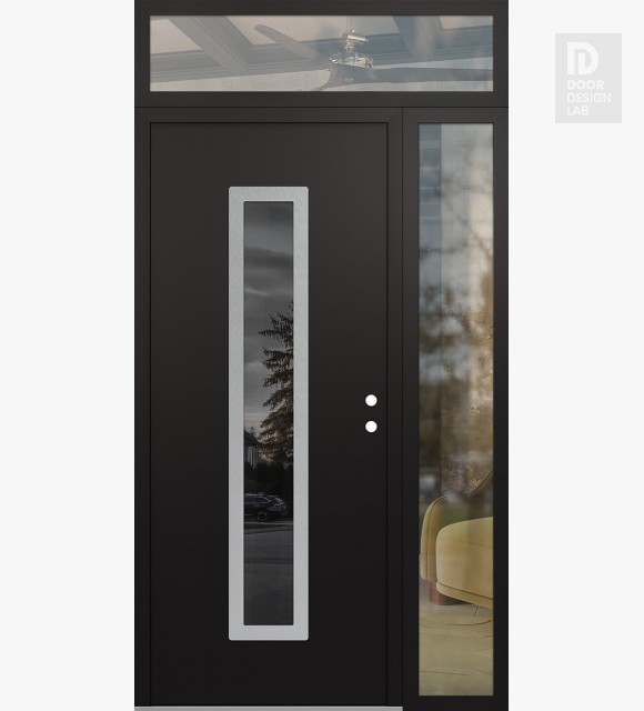 Modern Steel Front Door DIAMOND A11 50" X 96" BLACK/BLACK MIRRORED GLASS PANEL STAINLESS STEEL LHI WITH SIDELITE AND TRANSOM CLEAR GLASS