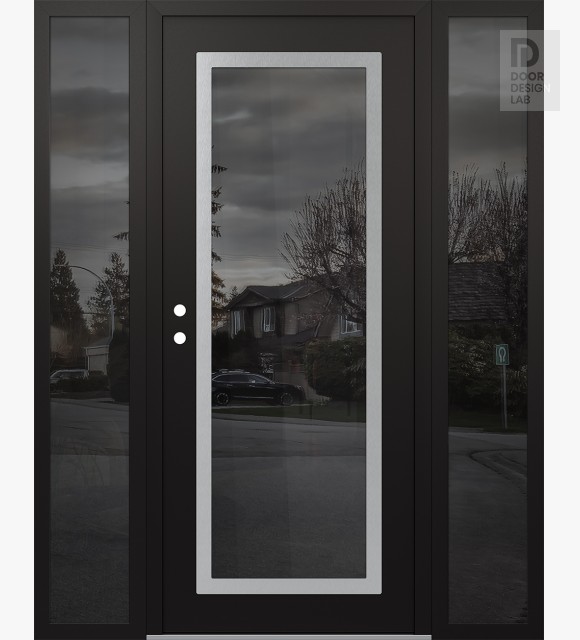 Modern Steel Front Door Diamond C1 68" x 80" black/black mirrored Glass Panel stainless steel RHI with 2 Sidelites mirrored Glass