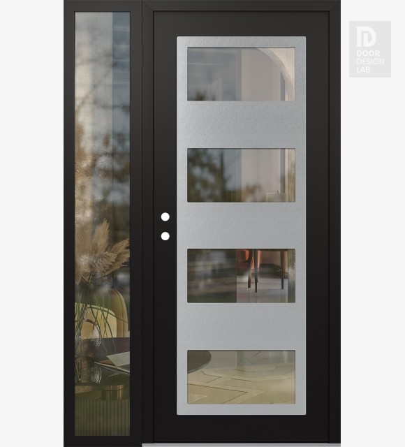 Modern Steel Front Door Diamond C2 50" x 80" black/black clear Glass Panel stainless steel RHI with Sidelite clear Glass