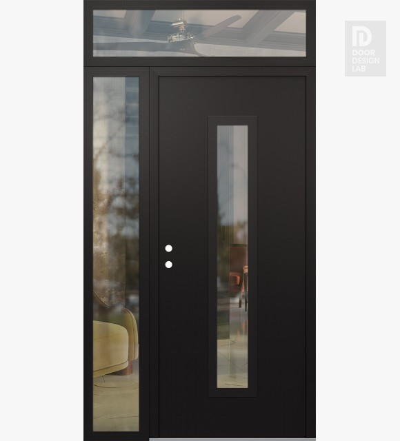 Modern Steel Front Door DIAMOND A11 50" X 96" BLACK/BLACK CLEAR GLASS PANEL BLACK RHI WITH SIDELITE AND TRANSOM CLEAR GLASS