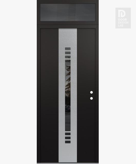 Modern Steel Front Door DIAMOND A5 36" X 96" BLACK/BLACK MIRRORED GLASS PANEL STAINLESS STEEL LHI WITH TRANSOM MIRRORED GLASS