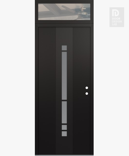 Modern Steel Front Door DIAMOND A3 36" X 96" BLACK/WHITE FROSTED GLASS PANEL BLACK LHI WITH TRANSOM CLEAR GLASS