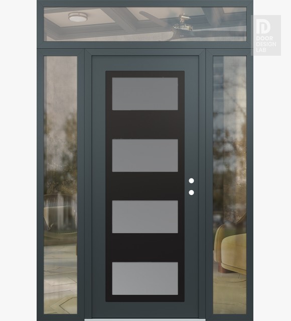 Modern Steel Front Door Diamond C2 60" x 96" anthracite/anthracite frosted Glass Panel black LHI with 2 Sidelites and Transom clear Glass