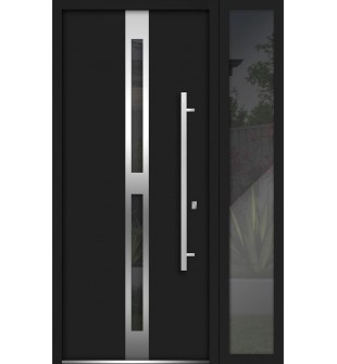 Front Exterior Prehung Steel Door / Deux 1755 Black Enamel / Side Exterior Window / Stainless Inserts Single Modern Painted-W36+16" x H80"-Left-hand Inswing