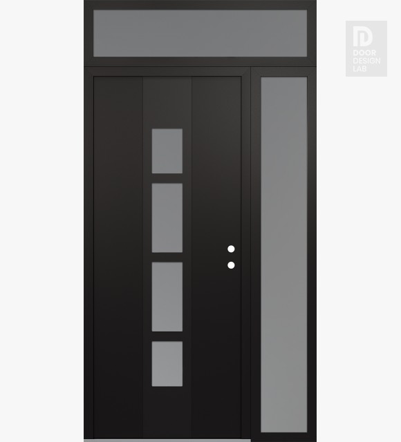 Modern Steel Front Door DIAMOND A10 50" X 96" BLACK/WHITE FROSTED GLASS PANEL BLACK LHI WITH SIDELITE AND TRANSOM FROSTED GLASS