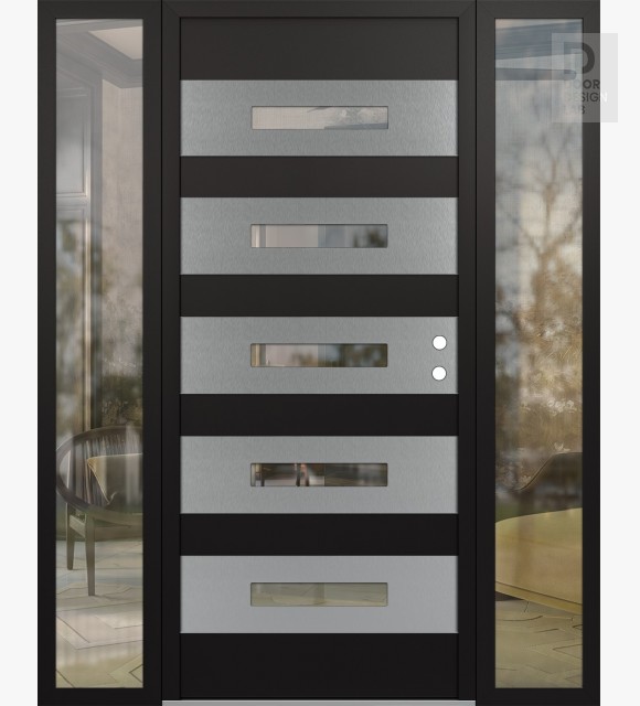 Modern Steel Front Door Diamond D9 68" x 80" black/black clear Glass Panel stainless steel LHI with 2 Sidelites clear Glass