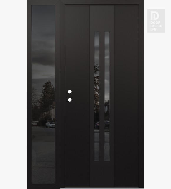 Modern Steel Front Door DIAMOND A8 52" X 80" BLACK/BLACK MIRRORED GLASS PANEL BLACK RHI WITH SIDELITE MIRRORED GLASS