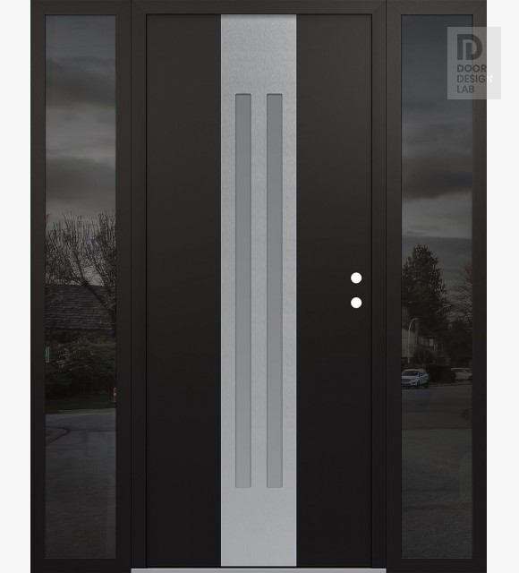 Modern Steel Front Door DIAMOND A8 68" X 80" BLACK/WHITE FROSTED GLASS PANEL STAINLESS STEEL LHI WITH 2 SIDELITES MIRRORED GLASS