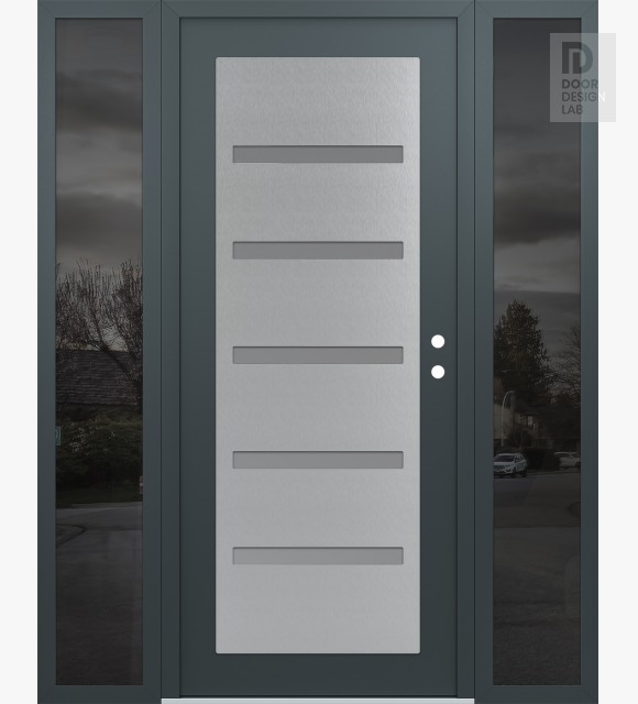 Modern Steel Front Door Diamond C7 64" x 80" anthracite/anthracite frosted Glass Panel stainless steel LHI with 2 Sidelites mirrored Glass