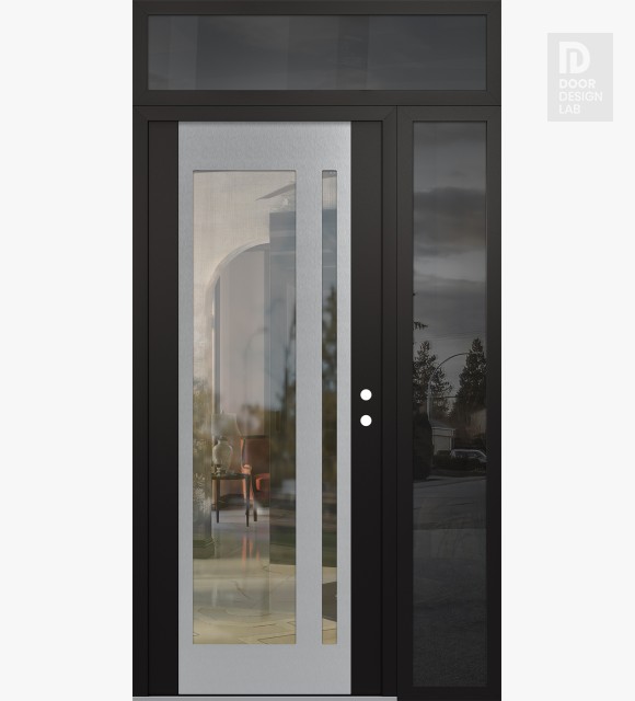 Modern Steel Front Door Diamond C15 48" x 96" black/black clear Glass Panel stainless steel LHI with Sidelite and Transom mirrored Glass