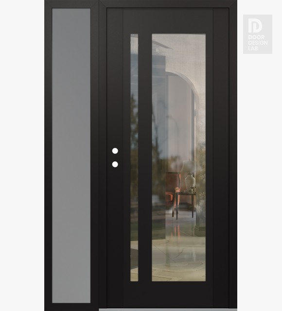 Modern Steel Front Door Diamond C15 50" x 80" black/black clear Glass Panel black RHI with Sidelite frosted Glass