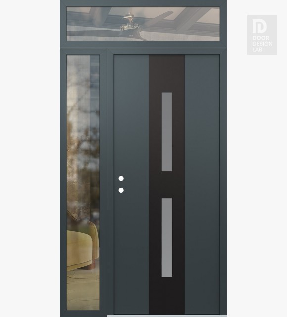 Modern Steel Front Door DIAMOND A6 50" X 96" ANTHRACITE/ANTHRACITE FROSTED GLASS PANEL BLACK RHI WITH SIDELITE AND TRANSOM CLEAR GLASS