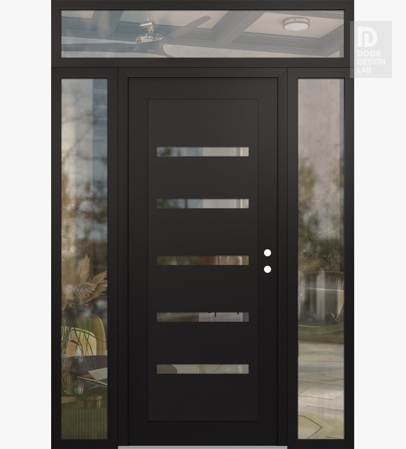 Modern Steel Front Door Diamond C7 64" x 96" black/black clear Glass Panel black LHI with 2 Sidelites and Transom clear Glass