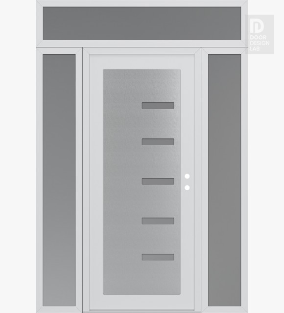 Modern Steel Front Door Diamond C8 68" x 96" white/white frosted Glass Panel stainless steel LHI with 2 Sidelites and Transom frosted Glass