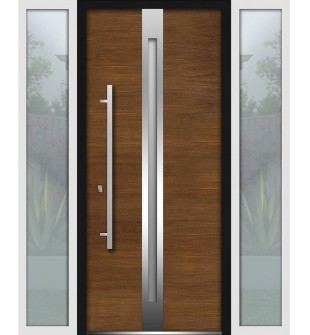 Front Exterior Prehung Steel Door / Deux 1744 Natural Oak / 2 Side Exterior White Windows / Stainless Inserts Single Modern Painted-W16+36+16" x H80"-Right-hand Inswing