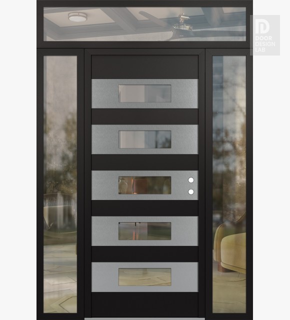 Modern Steel Front Door Diamond D5 68" x 96" black/black clear Glass Panel stainless steel LHI with 2 Sidelites and Transom clear Glass