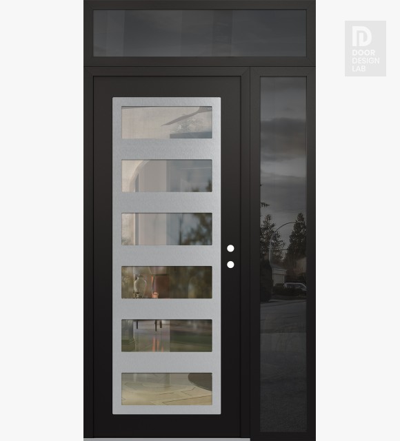 Modern Steel Front Door Diamond C9 50" x 96" black/black clear Glass Panel stainless steel LHI with Sidelite and Transom mirrored Glass