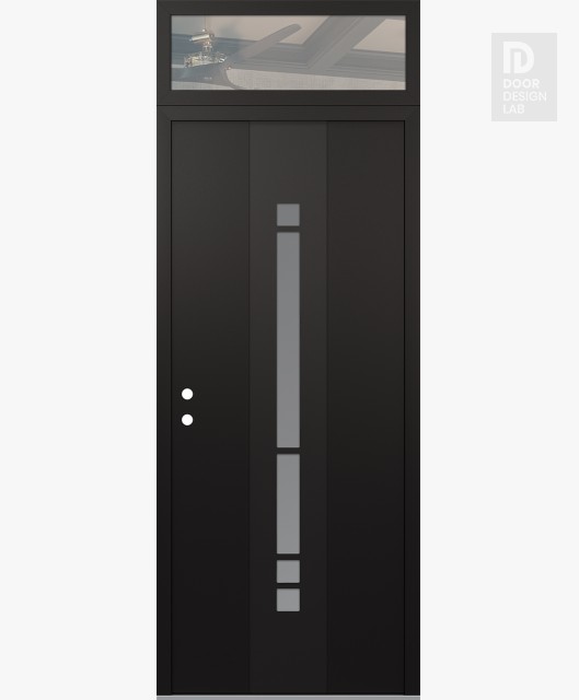 Modern Steel Front Door DIAMOND A3 36" X 96" BLACK/WHITE FROSTED GLASS PANEL BLACK RHI WITH TRANSOM CLEAR GLASS