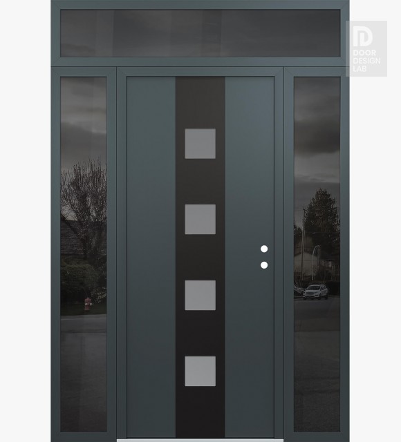 Modern Steel Front Door DIAMOND A12 64" X 96" ANTHRACITE/ANTHRACITE FROSTED GLASS PANEL BLACK LHI WITH 2 SIDELITES AND TRANSOM MIRRORED GLASS