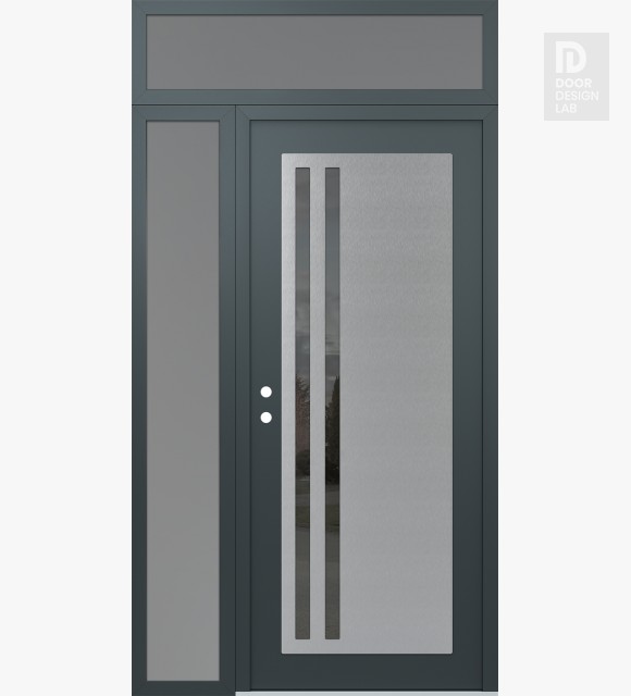 Modern Steel Front Door Diamond C6 50" x 96" anthracite/anthracite mirrored Glass Panel stainless steel RHI with Sidelite and Transom frosted Glass