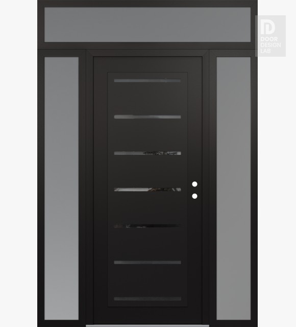 Modern Steel Front Door Diamond C11 64" x 96" black/black mirrored Glass Panel black LHI with 2 Sidelites and Transom frosted Glass