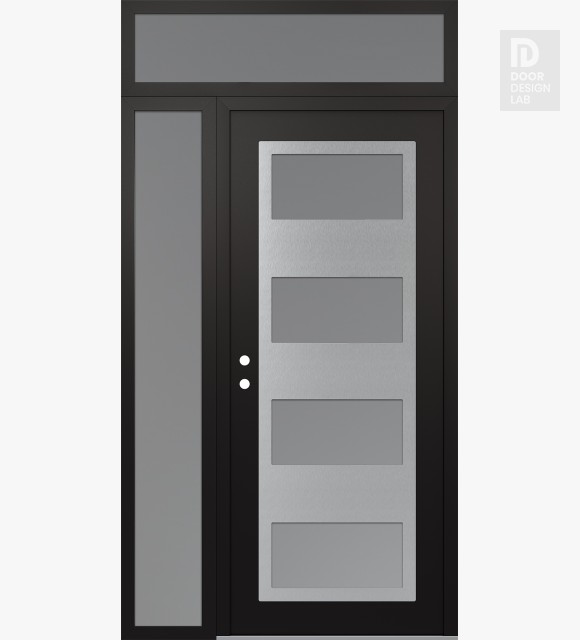 Modern Steel Front Door Diamond C2 50" x 96" black/white frosted Glass Panel stainless steel RHI with Sidelite and Transom frosted Glass