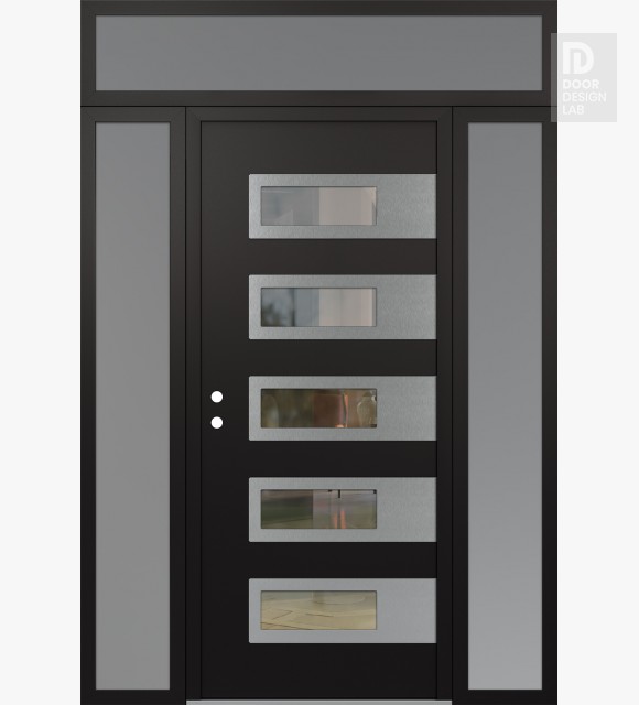 Modern Steel Front Door Diamond D3 68" x 96" black/black clear Glass Panel stainless steel RHI with 2 Sidelites and Transom frosted Glass