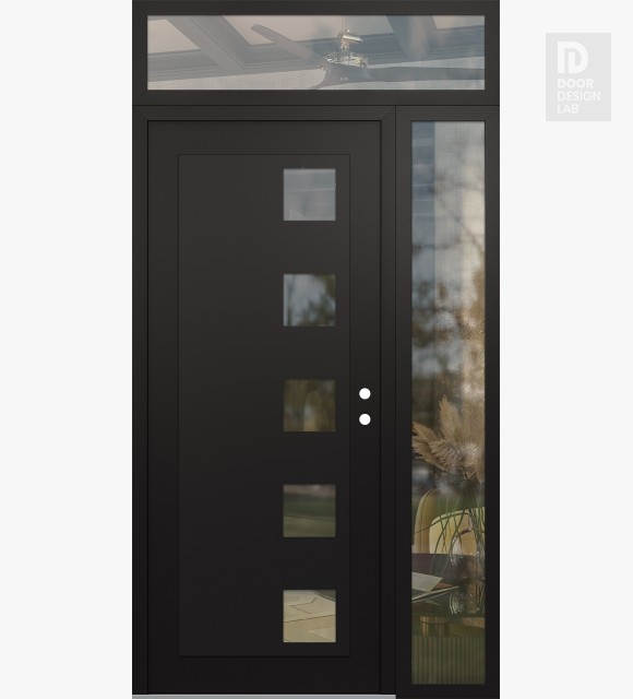 Modern Steel Front Door Diamond C5 48" x 96" black/black clear Glass Panel black LHI with Sidelite and Transom clear Glass