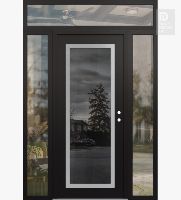 Modern Steel Front Door Diamond C1 64" x 96" black/black mirrored Glass Panel stainless steel LHI with 2 Sidelites and Transom clear Glass
