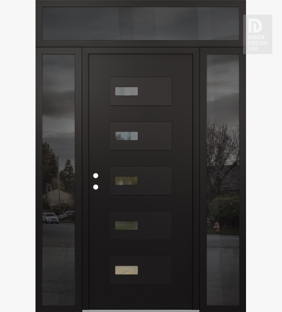 Modern Steel Front Door Diamond D7 60" x 96" black/black clear Glass Panel black RHI with 2 Sidelites and Transom mirrored Glass
