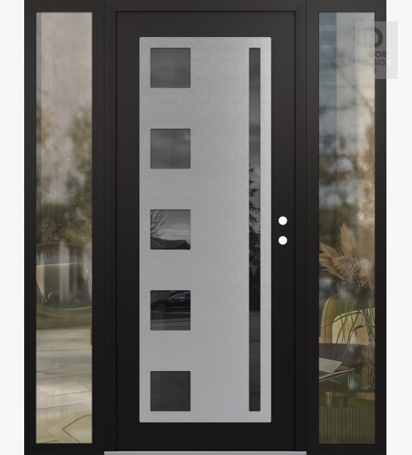Modern Steel Front Door Diamond C3 60" x 80" black/black mirrored Glass Panel stainless steel LHI with 2 Sidelites clear Glass
