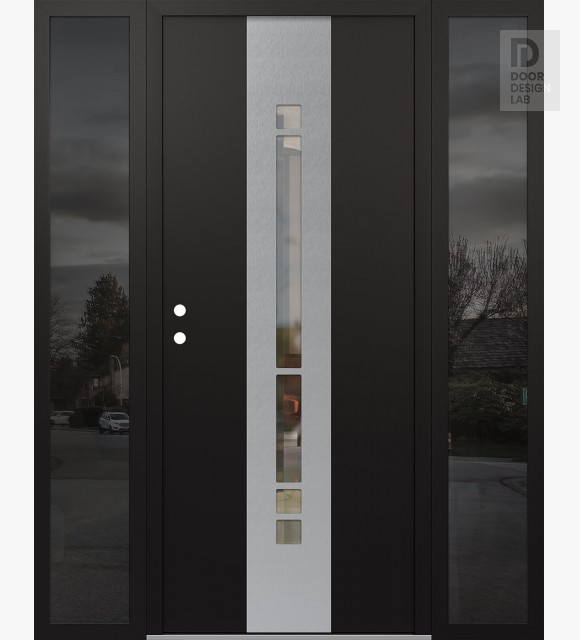 Modern Steel Front Door DIAMOND A3 64" X 80" BLACK/BLACK CLEAR GLASS PANEL STAINLESS STEEL RHI WITH 2 SIDELITES MIRRORED GLASS