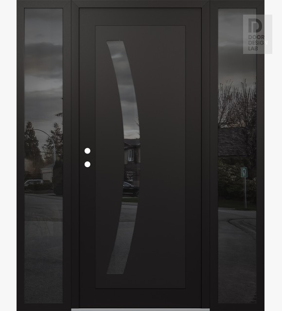 Modern Steel Front Door Diamond C4 60" x 80" black/black mirrored Glass Panel black RHI with 2 Sidelites mirrored Glass