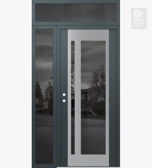 Modern Steel Front Door Diamond C15 48" x 96" anthracite/anthracite mirrored Glass Panel stainless steel RHI with Sidelite and Transom mirrored Glass