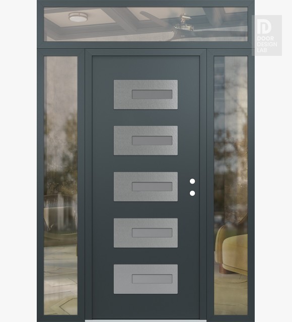 Modern Steel Front Door Diamond D6 64" x 96" anthracite/anthracite frosted Glass Panel stainless steel LHI with 2 Sidelites and Transom clear Glass