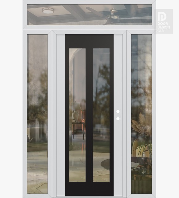 Modern Steel Front Door Diamond C14 64" x 96" white/white clear Glass Panel black LHI with 2 Sidelites and Transom clear Glass
