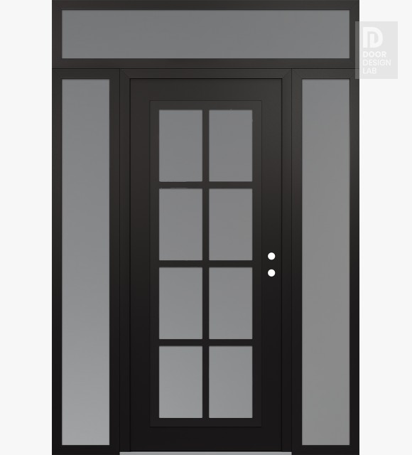 Modern Steel Front Door Diamond C16 64" x 96" black/white frosted Glass Panel black LHI with 2 Sidelites and Transom frosted Glass