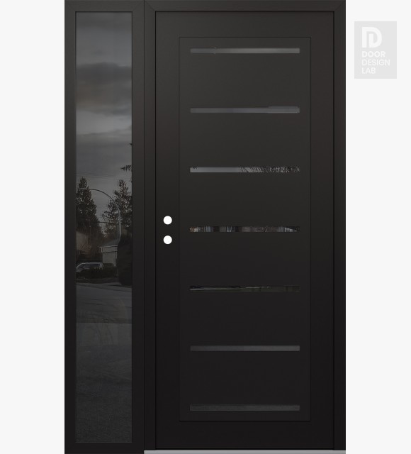 Modern Steel Front Door Diamond C11 48" x 80" black/black mirrored Glass Panel black RHI with Sidelite mirrored Glass