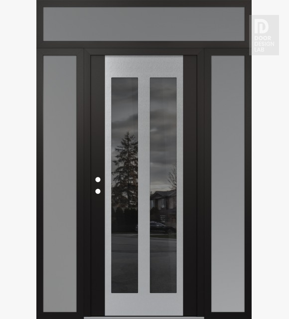 Modern Steel Front Door Diamond C14 68" x 96" black/black mirrored Glass Panel stainless steel RHI with 2 Sidelites and Transom frosted Glass