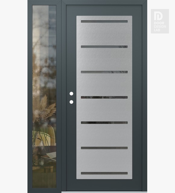 Modern Steel Front Door Diamond C11 52" x 80" anthracite/anthracite mirrored Glass Panel stainless steel RHI with Sidelite clear Glass