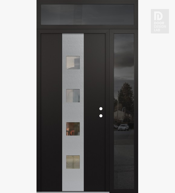 Modern Steel Front Door DIAMOND A12 48" X 96" BLACK/BLACK CLEAR GLASS PANEL STAINLESS STEEL LHI WITH SIDELITE AND TRANSOM MIRRORED GLASS