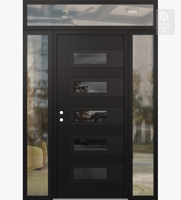 Modern Steel Front Door Diamond D3 68" x 96" black/black mirrored Glass Panel black RHI with 2 Sidelites and Transom clear Glass