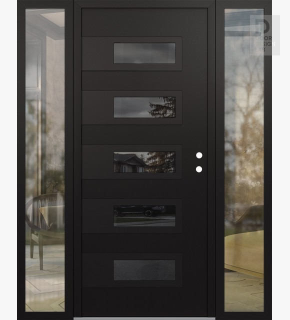 Modern Steel Front Door Diamond D3 68" x 80" black/black mirrored Glass Panel black LHI with 2 Sidelites clear Glass