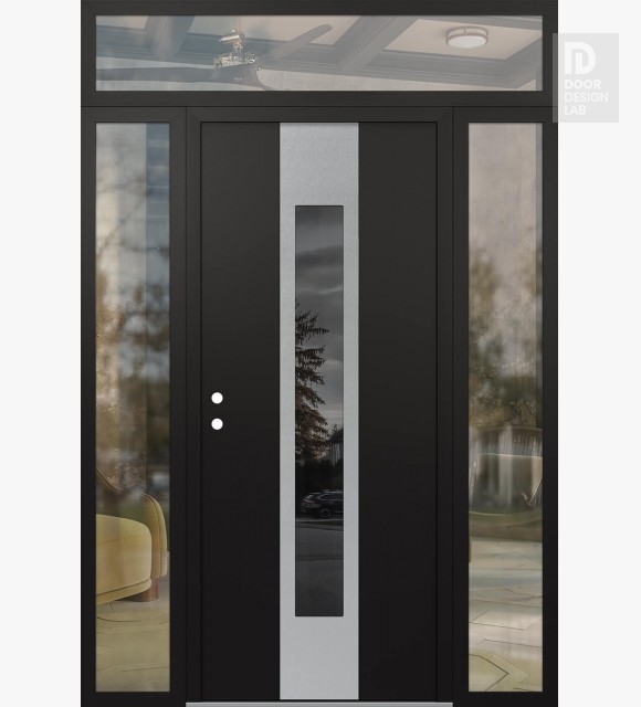 Modern Steel Front Door DIAMOND A1 68" X 96" BLACK/BLACK MIRRORED GLASS PANEL STAINLESS STEEL RHI WITH 2 SIDELITES AND TRANSOM CLEAR GLASS