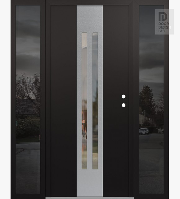Modern Steel Front Door DIAMOND A8 64" X 80" BLACK/BLACK CLEAR GLASS PANEL STAINLESS STEEL LHI WITH 2 SIDELITES MIRRORED GLASS