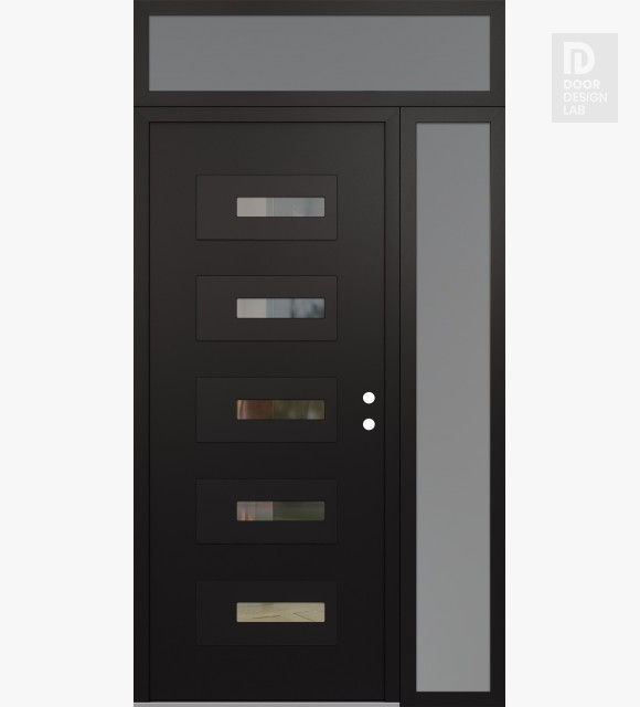 Modern Steel Front Door Diamond D6 52" x 96" black/black clear Glass Panel black LHI with Sidelite and Transom frosted Glass
